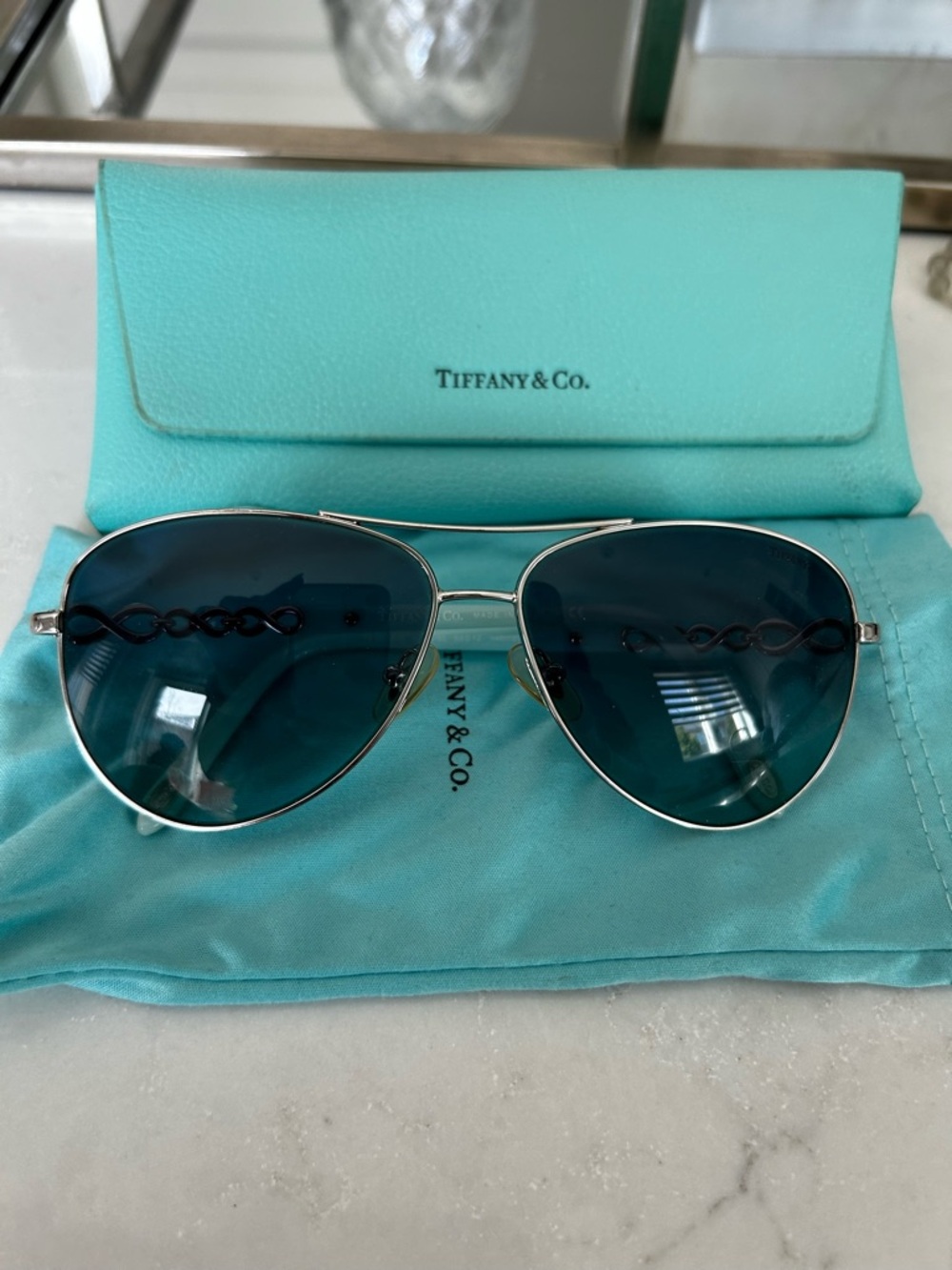 Tiffany & Co. Silver Aviator Sunglasses with Blue Lenses